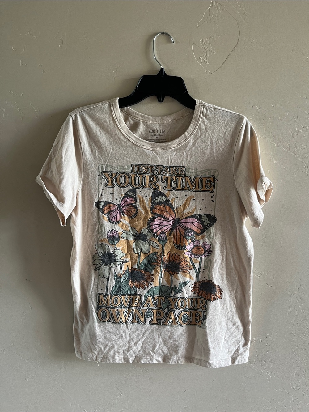 Zoe + Liv Cream Graphic Tee with Pink & Orange Butterfly Print